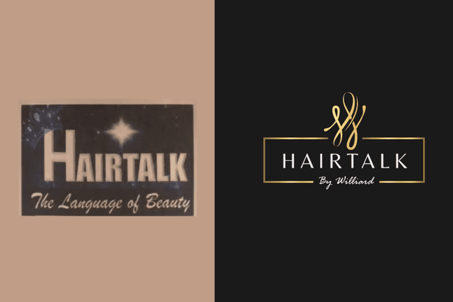 A before-and-after image showing the Hairtalk by Williard logo evolving from a dated design to a modern, professional, and elegant brand identity.