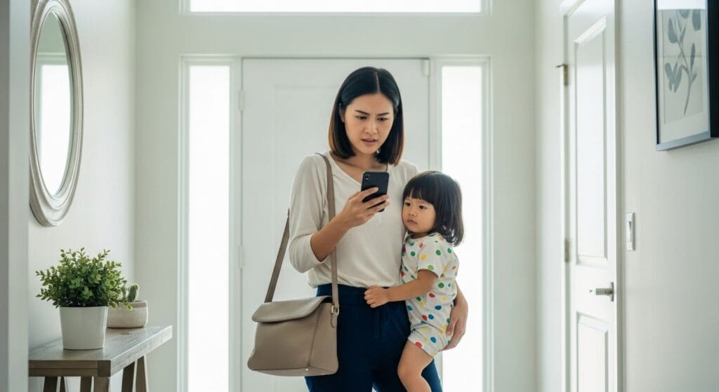 Asian mother holding her child while hurriedly searching on her phone, representing clinic website use for busy parents