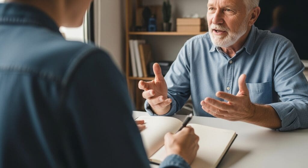 A brand strategist listens and takes notes while a small business owner explains his company's history during a brand discovery session.