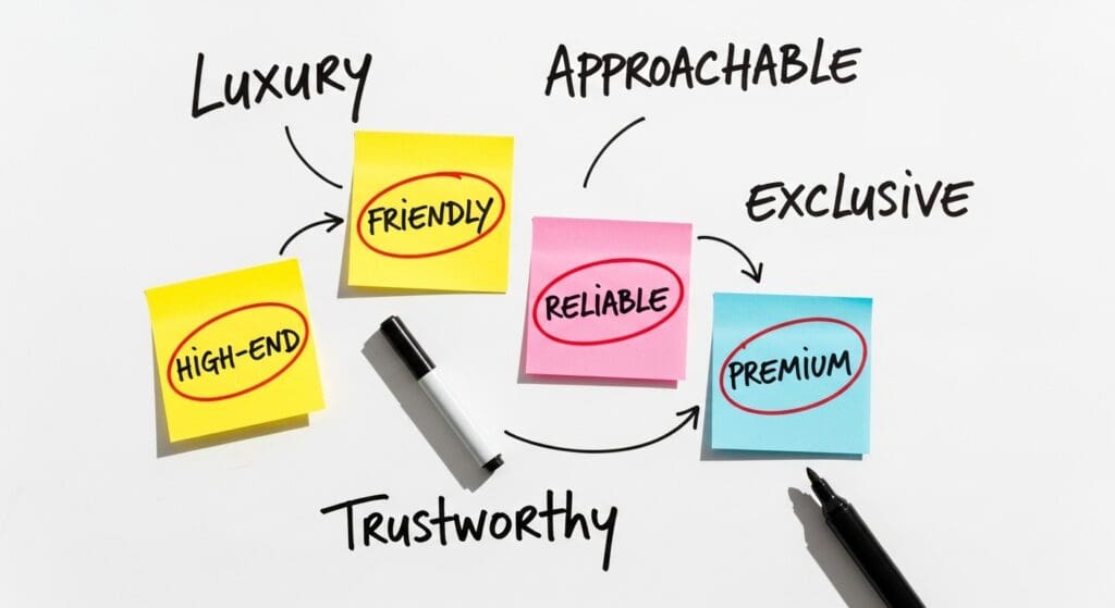 Brand voice workshop with sticky notes representing tone descriptors like luxury, approachable, and exclusive.