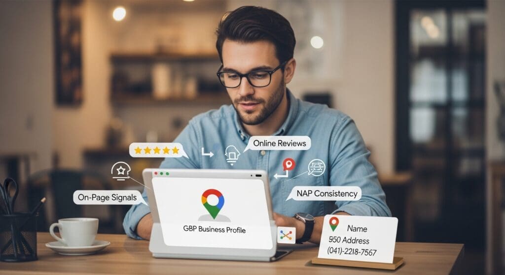 A local business owner confidently managing the core ingredients of a local SEO strategy, including their Google Business Profile, on a digital tablet.