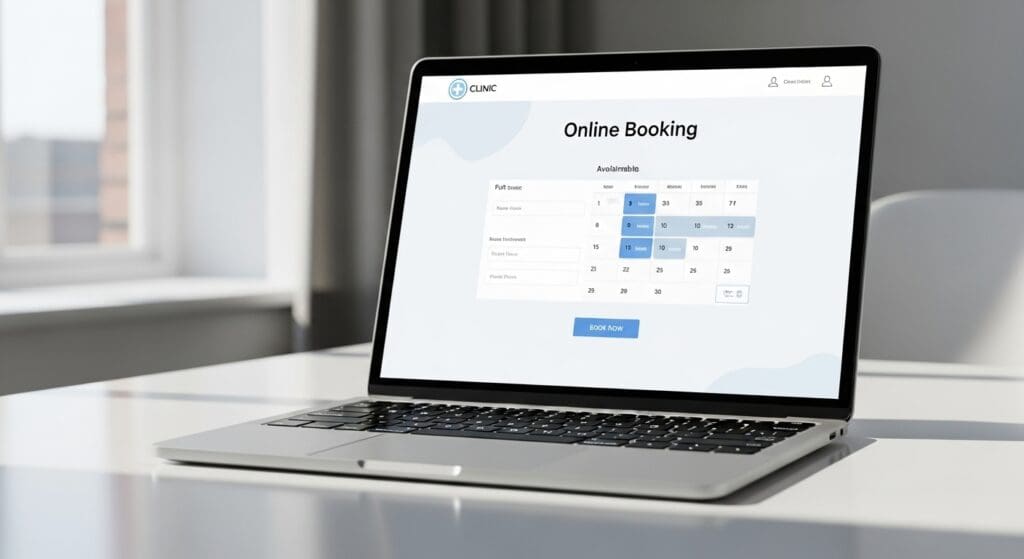 Open laptop on a desk displaying a clinic website booking page with clean white and blue design