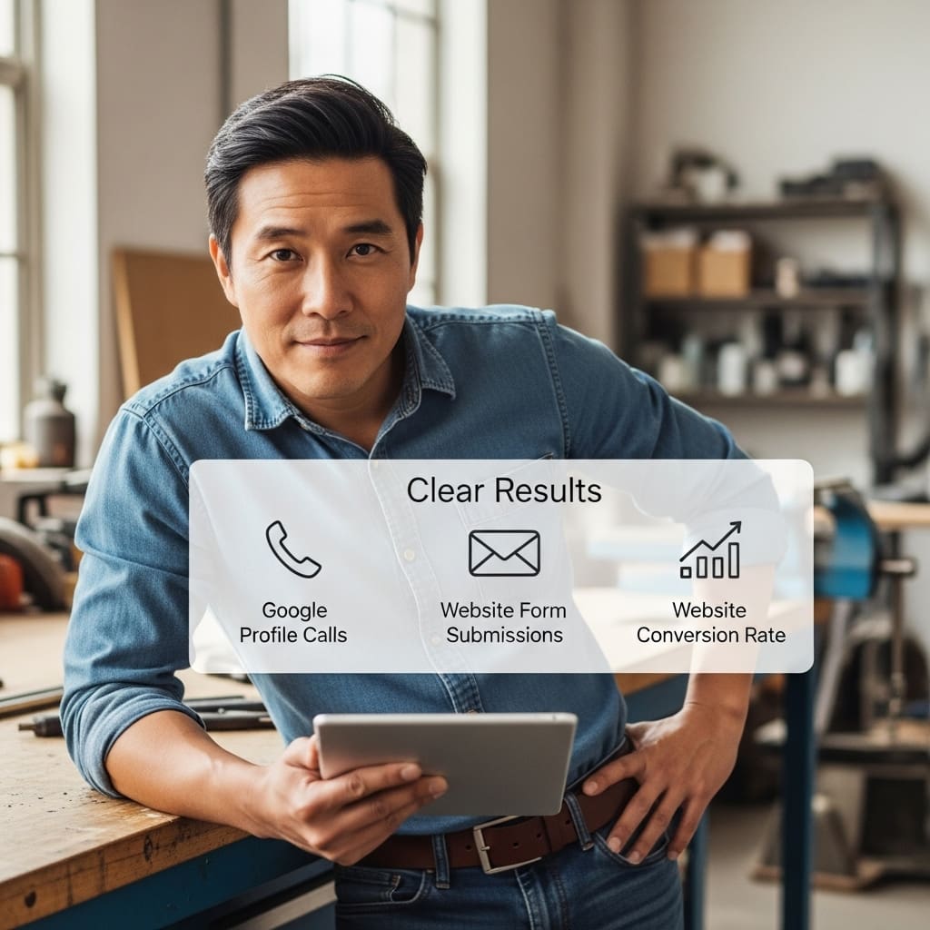 A confident Asian business owner in his workshop, displaying a tablet with a clean dashboard showing his key performance indicators: Google Profile phone calls, website contact form submissions, and website conversion rate.