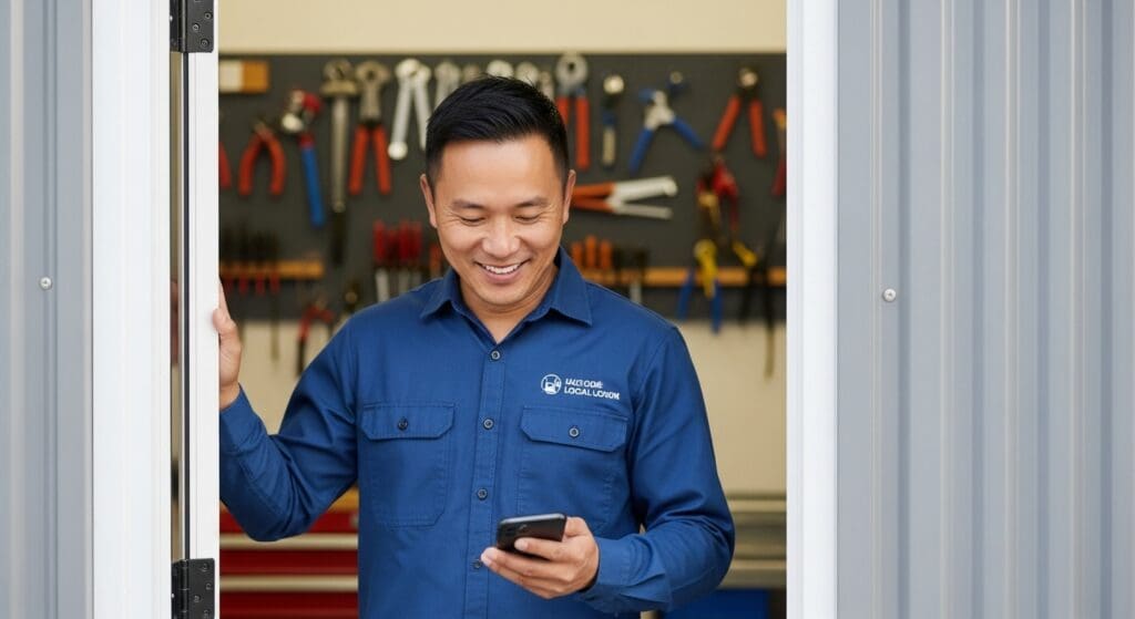 A proud local business owner, an Asian plumber, smiles at his phone in his workshop after receiving new customer calls from his optimized Google Business Profile.
