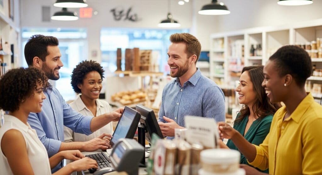 A thriving local store with the owner helping happy customers, showing the real-world benefit of increased foot traffic from a strong local SEO strategy.