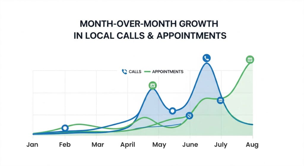 Line graph showing month-over-month increase in local business call volume and appointments, highlighting consistent growth trends for local SEO performance.