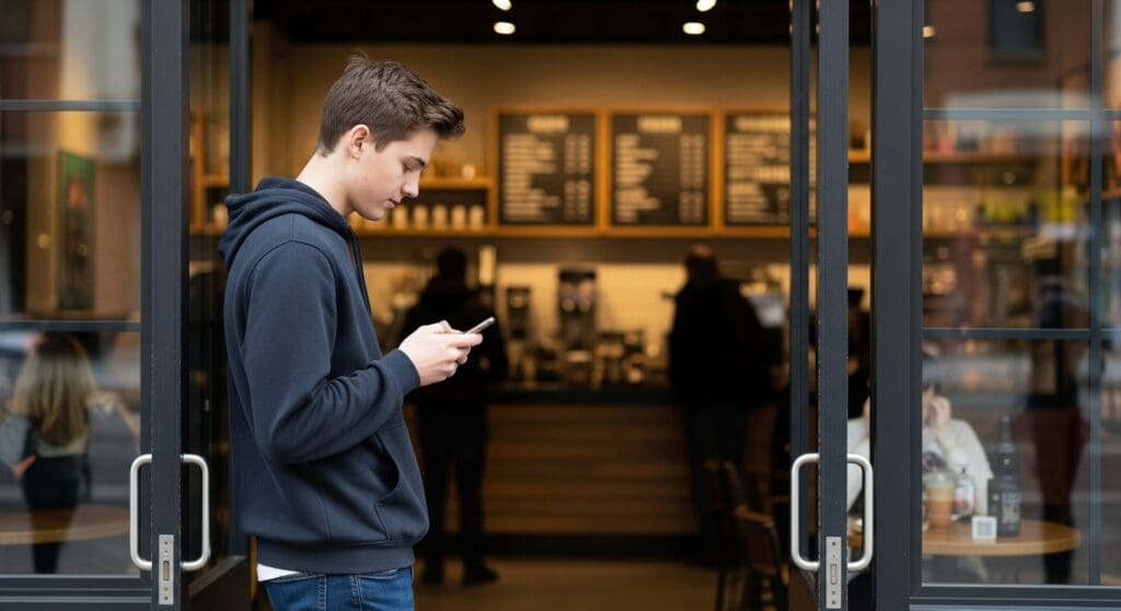 An over-the-shoulder view of a teenage man looking down at his smartphone while standing and facing the entrance of a bustling coffee shop.