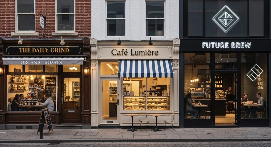 A street-level view of three different coffee shops side-by-side on a cobblestone road: a rustic brick cafe named "The Daily Grind," a classic French patisserie called "Café Lumière," and a sleek, modern coffee bar named "Future Brew" with neon lights.