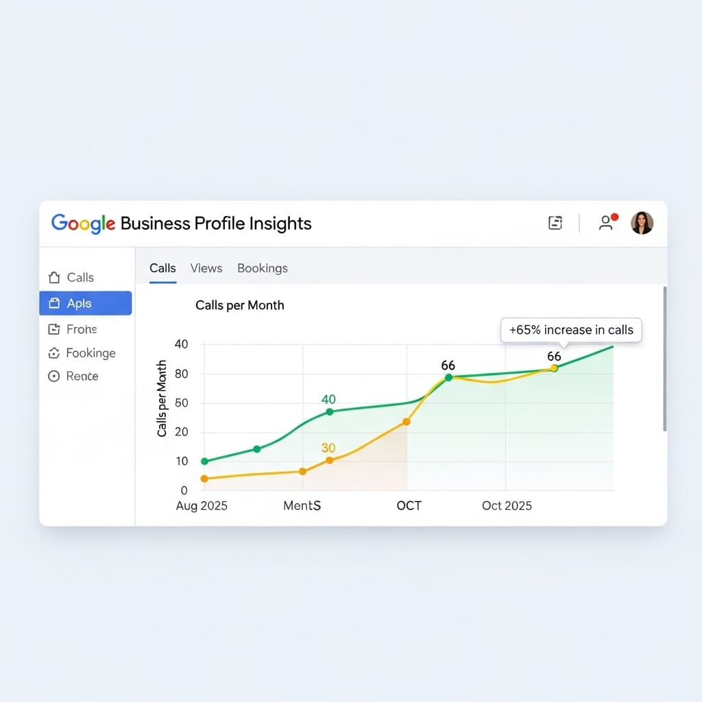 Google Business Profile Insights chart showing VIP Winery Vacations phone calls rising from 40 in August 2025 to 66 in October 2025, a 65% increase over six weeks.
