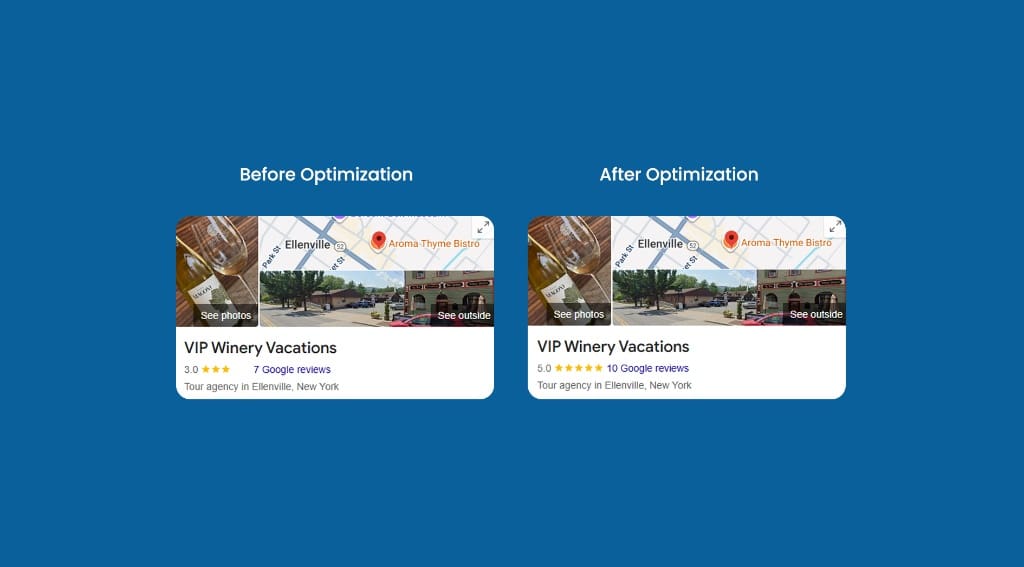 A side-by-side comparison illustrating a local SEO audit checklist item: optimizing a Google Business Profile for a winery.